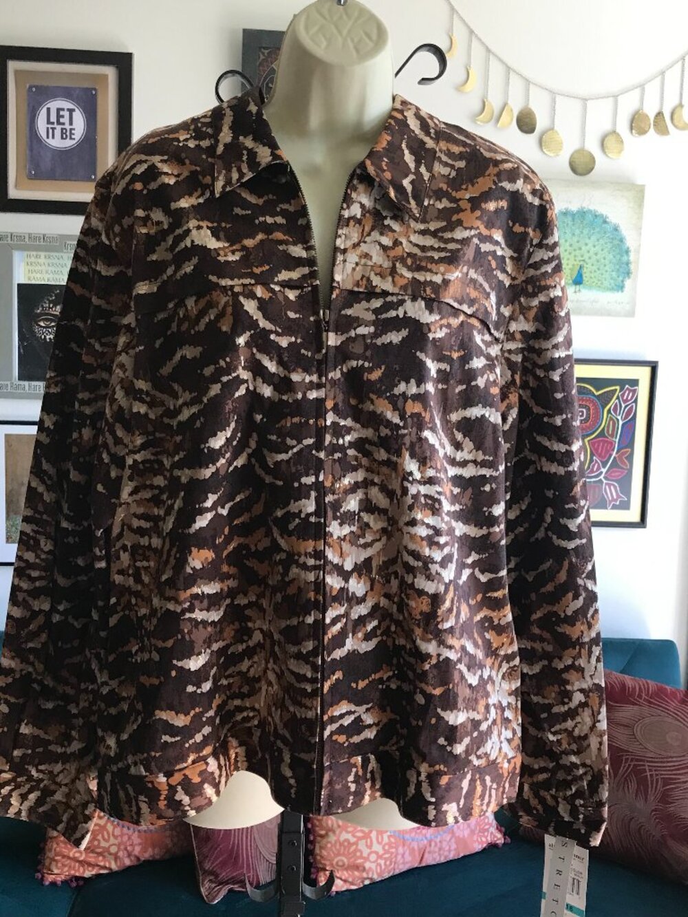 ALFRED DUNNER size 16 Brown Animal Print Stretch Cotton Zip Front Jacket NWT